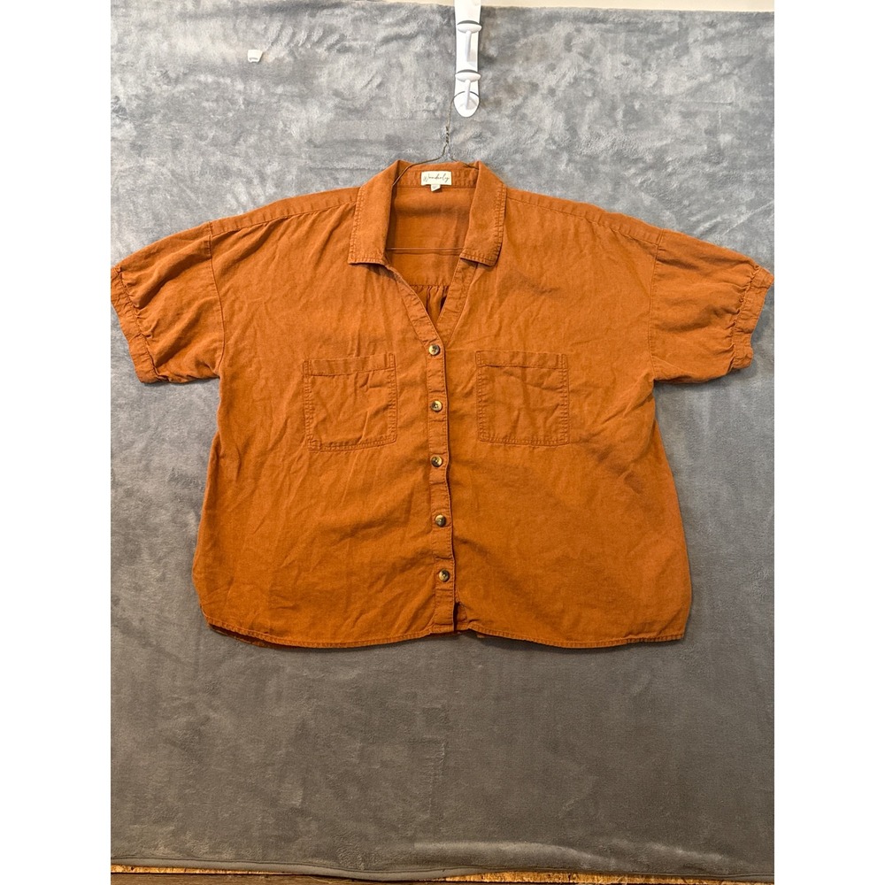 Wonderly Womens XXL Terracotta Orange Short Sleeve Button Down Boxy Shirt Top